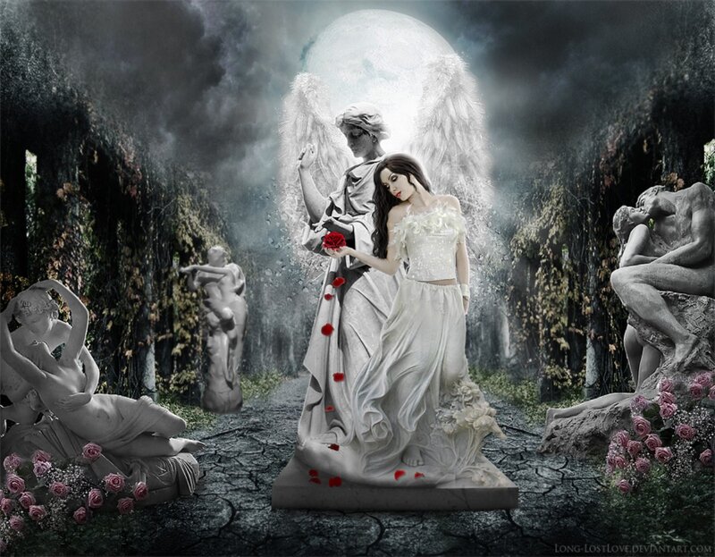 Woman with Angel Statue — White, Dramatic