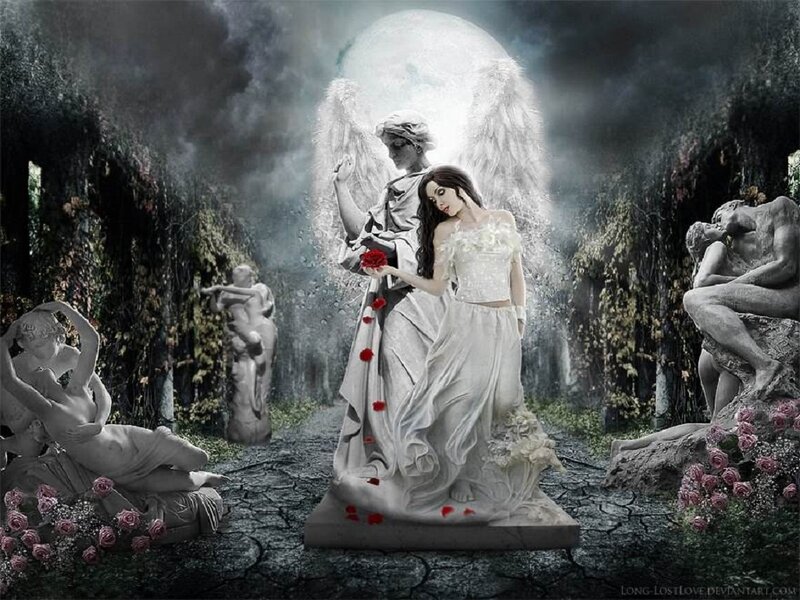 Woman with Angel Statue — White