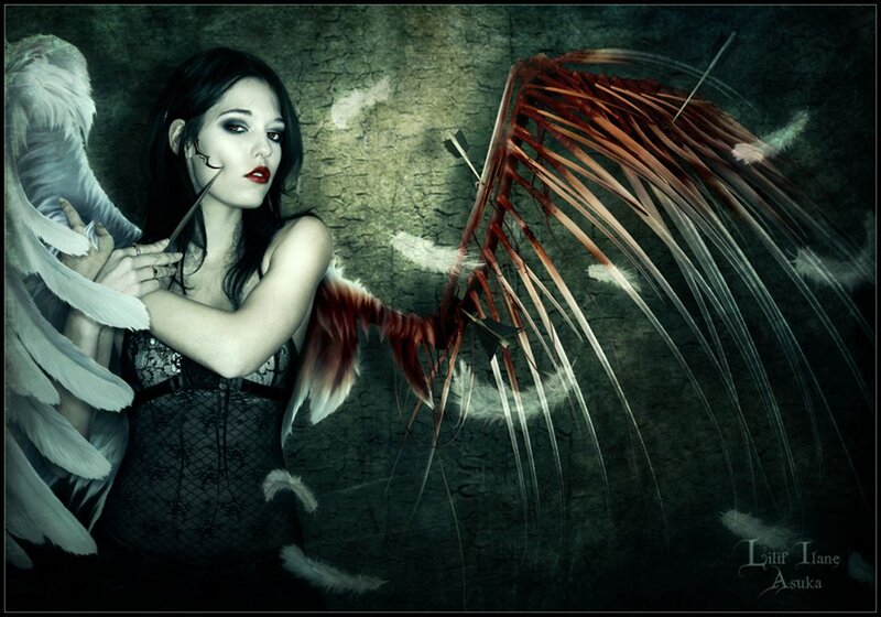 Woman with Angel Wings — Black, Dramatic, Digital Art, Arrows