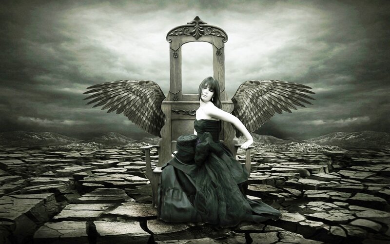 Woman with Angel Wings — Black, Dramatic, Digital Art, Chair