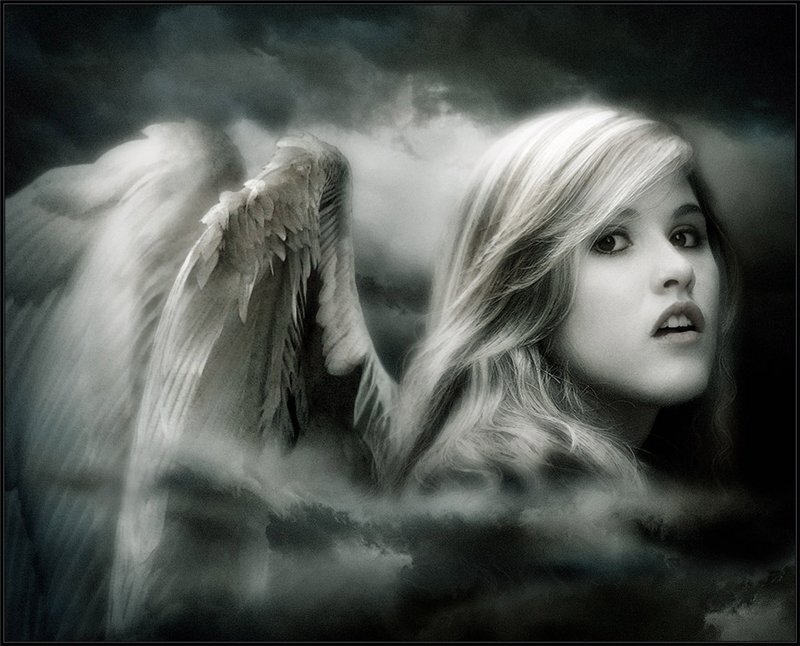 Woman with Angel Wings — Black, Dramatic, Digital Art, Clouds