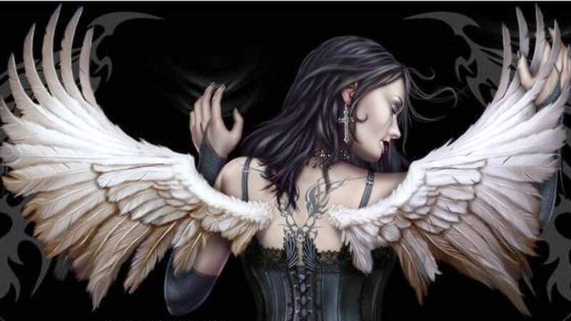 Woman with Angel Wings — Black, Dramatic, Digital Art, Corset, Tattoo