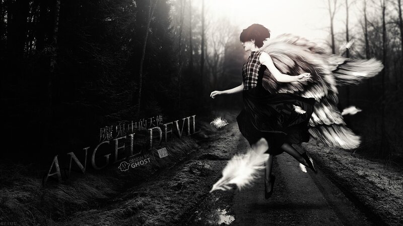 Woman with Angel Wings — Black, Dramatic, Digital Art, Forest Path