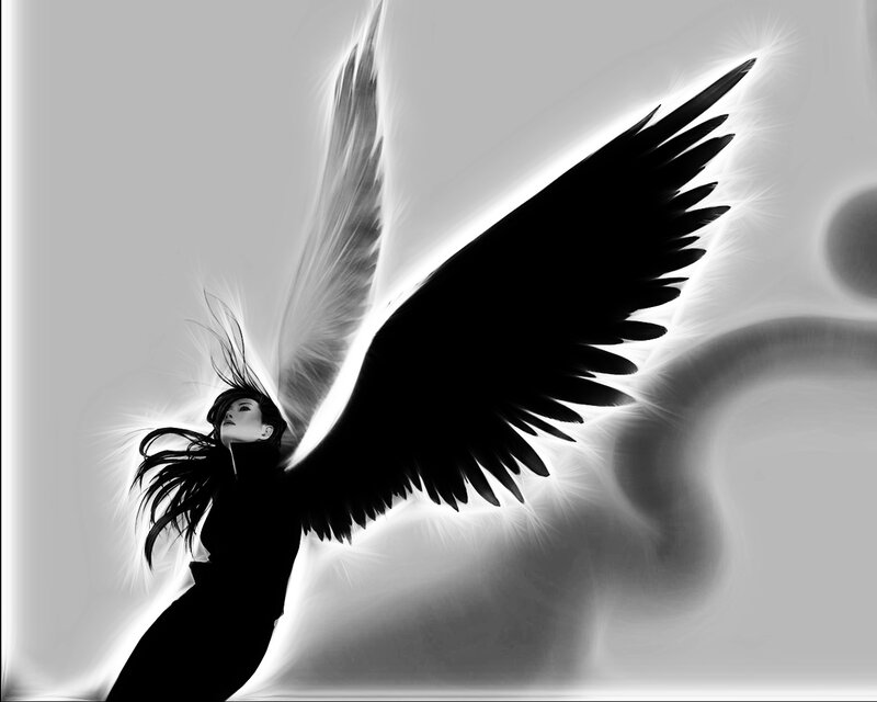 Woman with Angel Wings — Black, Dramatic, Digital Art, Hair, Light