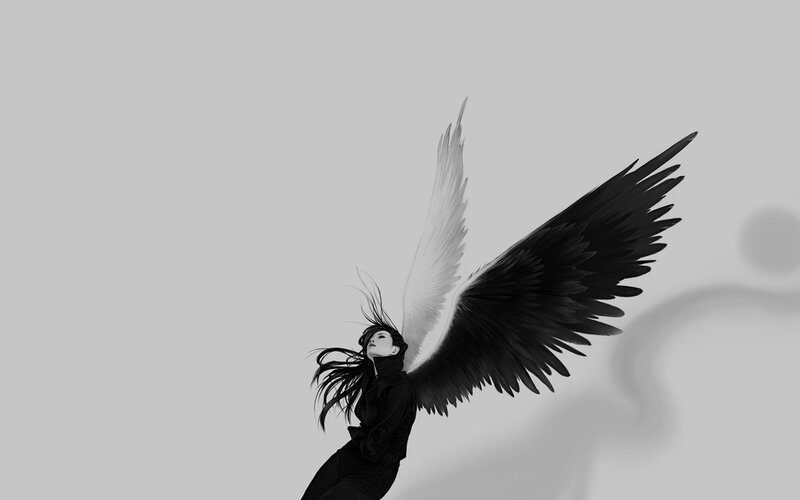 Woman with Angel Wings — Black, Dramatic, Digital Art, Hair
