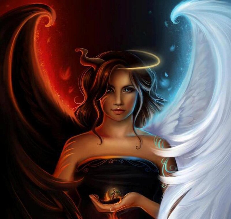 Woman with Angel Wings — Black, Dramatic, Digital Art, Halo