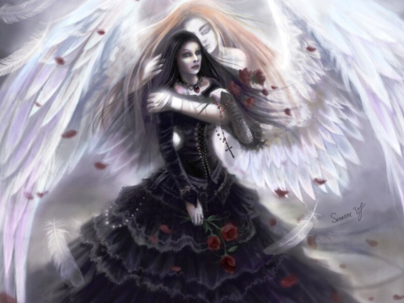 Woman with Angel Wings — Black, Dramatic, Digital Art, Roses, Feathers