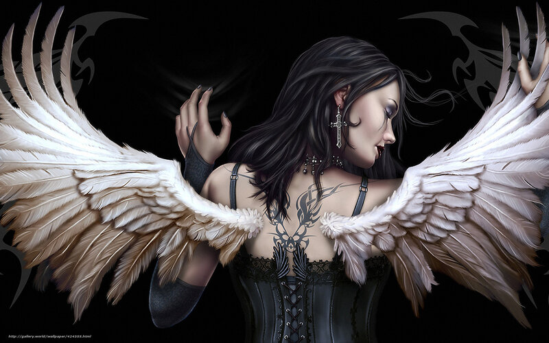 Woman with Angel Wings — Black, Dramatic, Digital Art, Tattoo, Corset, Earring