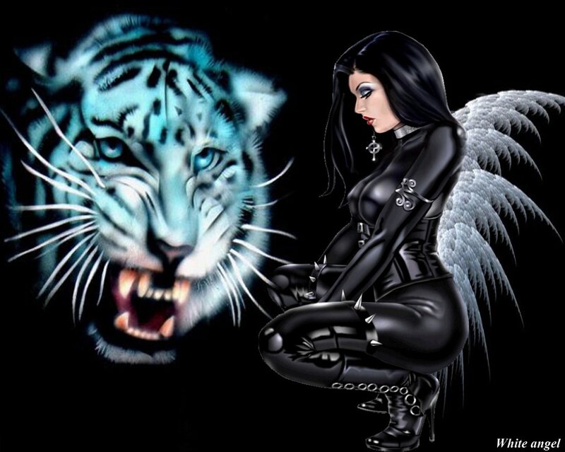 Woman with Angel Wings — Black, Dramatic, Digital Art, Tiger, Black Suit