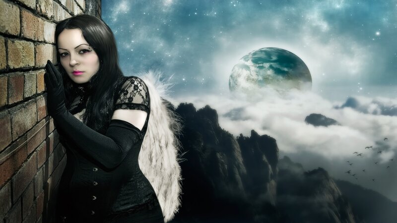 Woman with Angel Wings — Black, Dramatic, Night, Digital Art, Brick Wall, Mountains