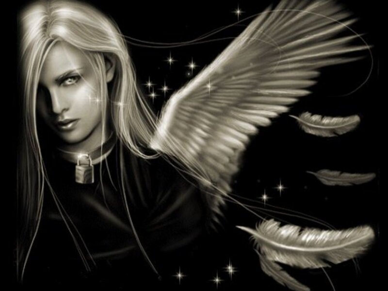 Woman with Angel Wings — Black, Dramatic, Night, Digital Art, Feathers