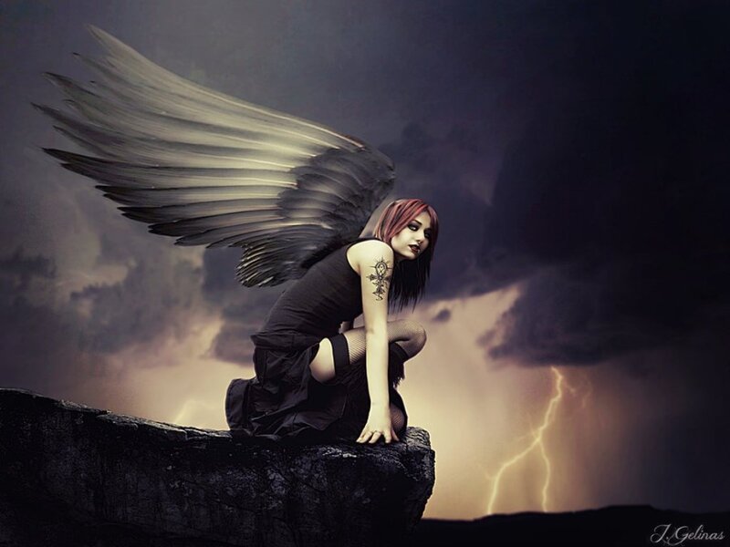 Woman with Angel Wings — Black, Dramatic, Night, Digital Art, Lightning, Rock