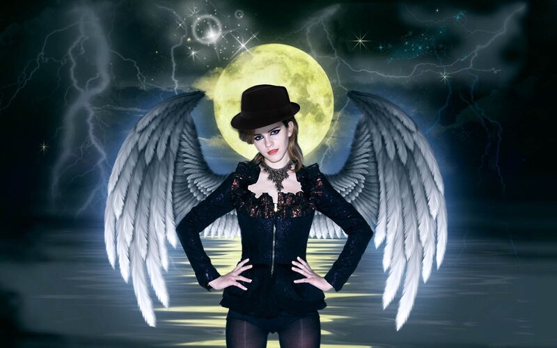 Woman with Angel Wings — Black, Dramatic, Night, Digital Art, Moon, Lightning