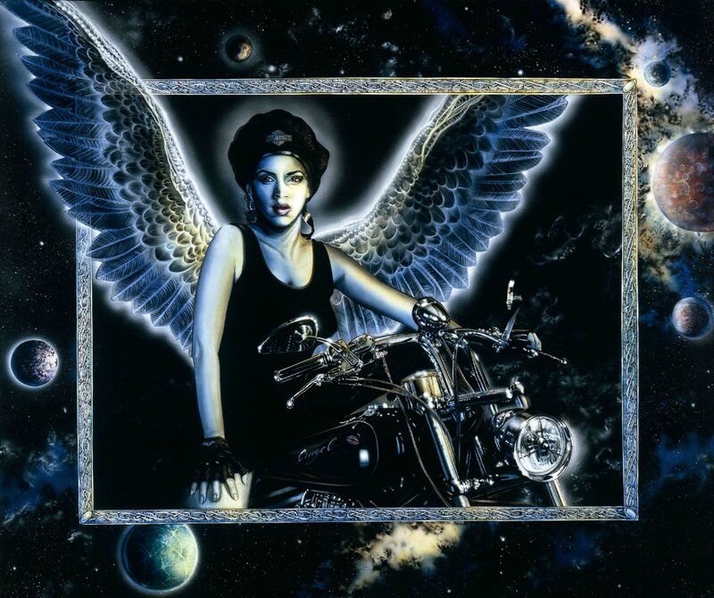 Woman with Angel Wings — Black, Dramatic, Night, Digital Art, Motorcycle