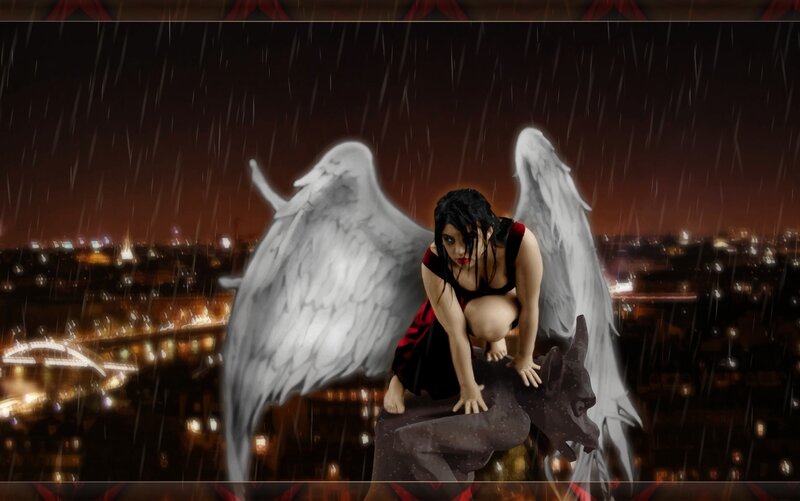 Woman with Angel Wings — Black, Dramatic, Night, Digital Art, Rain