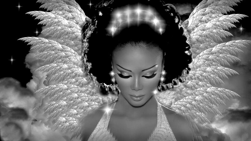 Woman with Angel Wings — Black, Dramatic, Night, Digital Art, Stars, Clouds