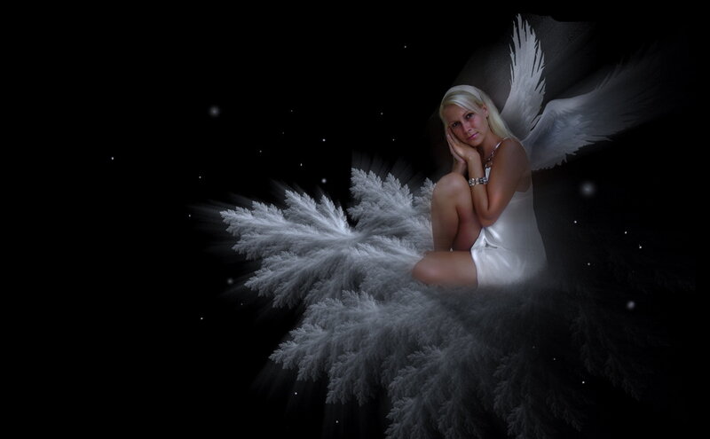 Woman with Angel Wings — Black, Dramatic, Night, Digital Art, Stars