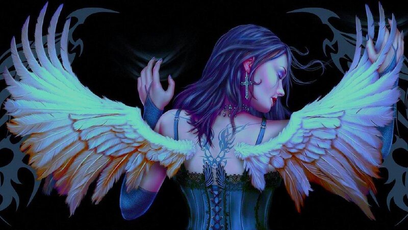 Woman with Angel Wings — Black, Dramatic, Night, Digital Art, Tattoo, Corset