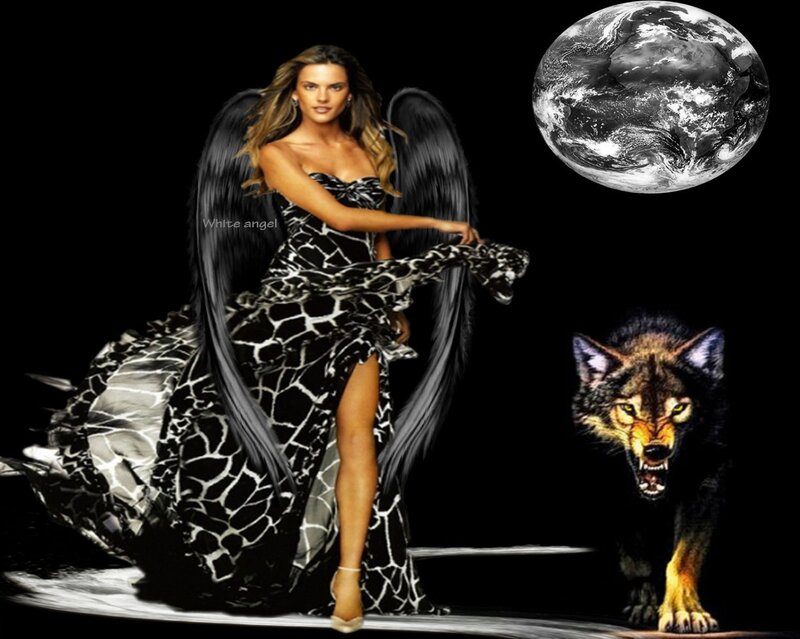 Woman with Angel Wings — Black, Dramatic, Night, Digital Art, Wolf