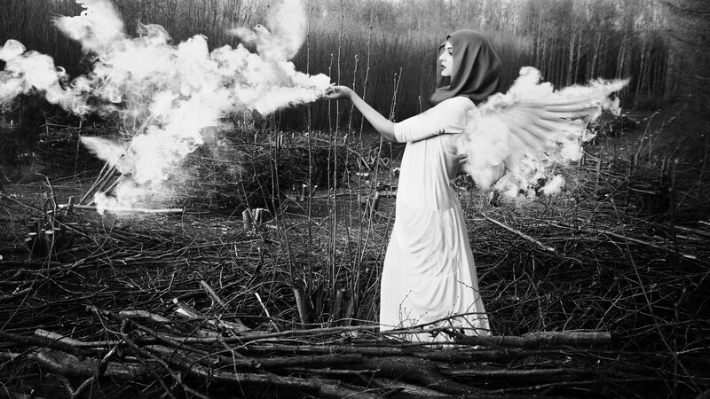 Woman with Angel Wings — Black, Dramatic, Photograph, Smoke