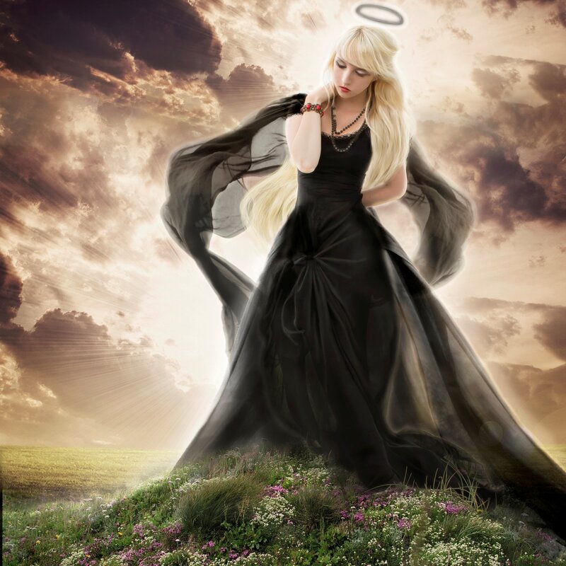 Woman with Angel Wings — Black, Dramatic, Sunset, Digital Art, Clouds