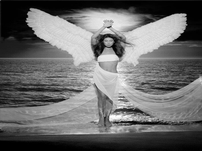 Woman with Angel Wings — Black, Dramatic, Sunset