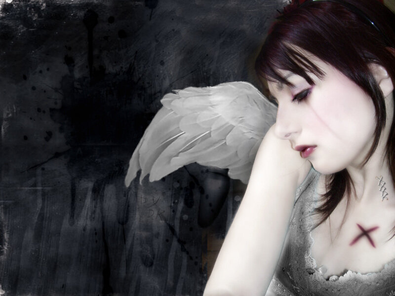 Woman with Angel Wings — Black, Melancholic, Digital Art