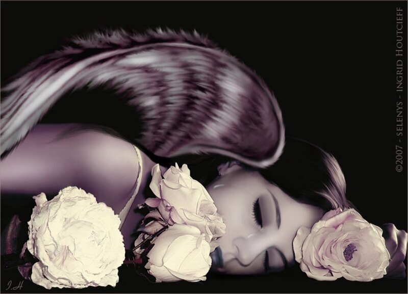 Woman with Angel Wings — Black, Serene, Digital Art