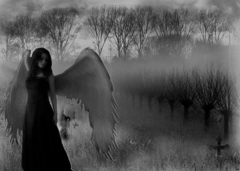 Woman with Angel Wings — Black, Somber, Digital Art