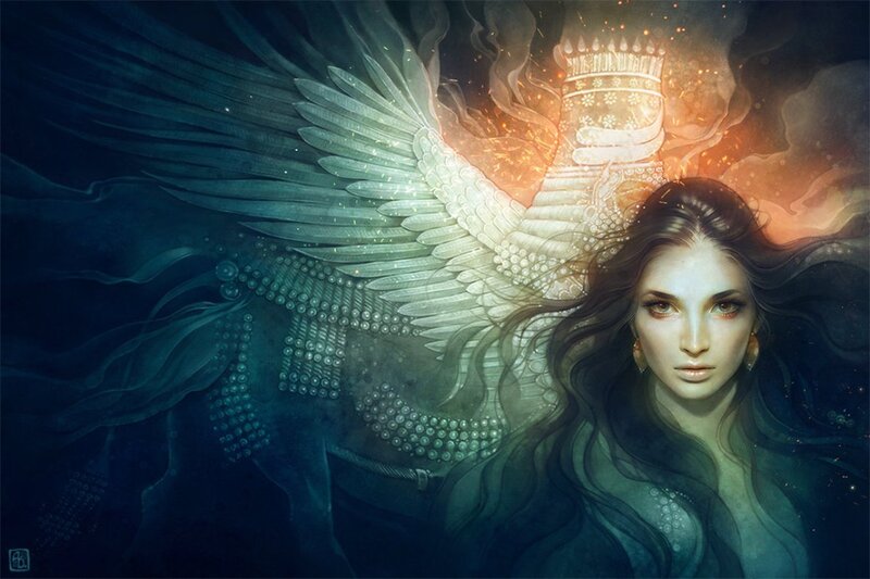 Woman with Angel Wings — Blue, Dramatic, Digital Art, Crown