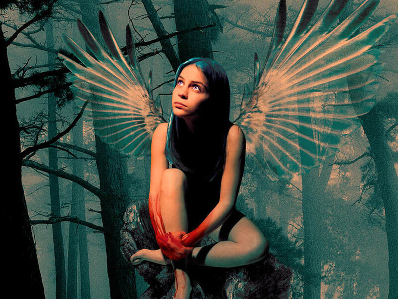 Woman with Angel Wings — Blue, Dramatic, Digital Art, Forest