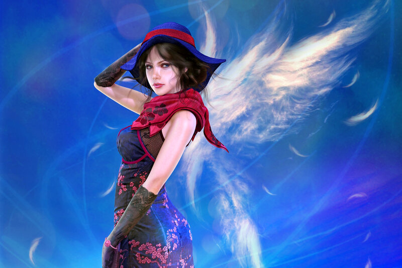 Woman with Angel Wings — Blue, Dramatic, Digital Art, Hat