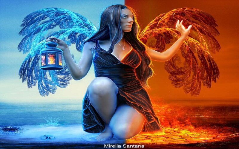 Woman with Angel Wings — Blue, Dramatic, Digital Art, Lantern