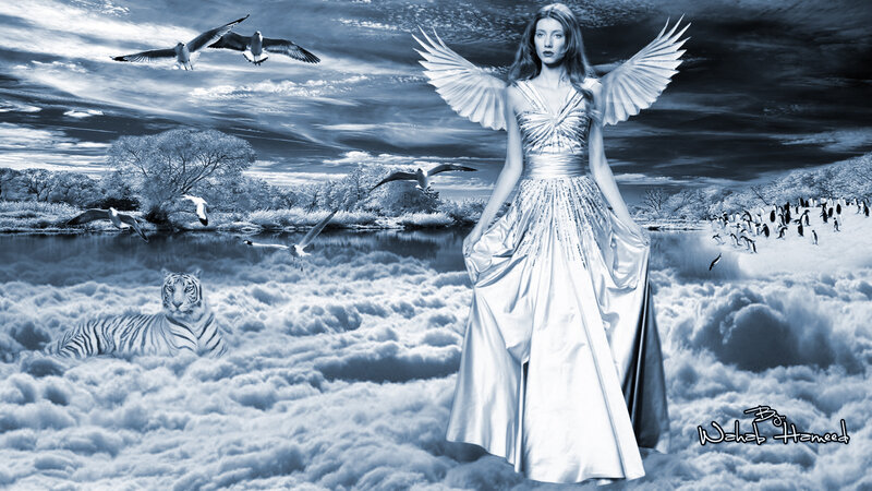 Woman with Angel Wings — Blue, Dramatic, Digital Art, Tiger