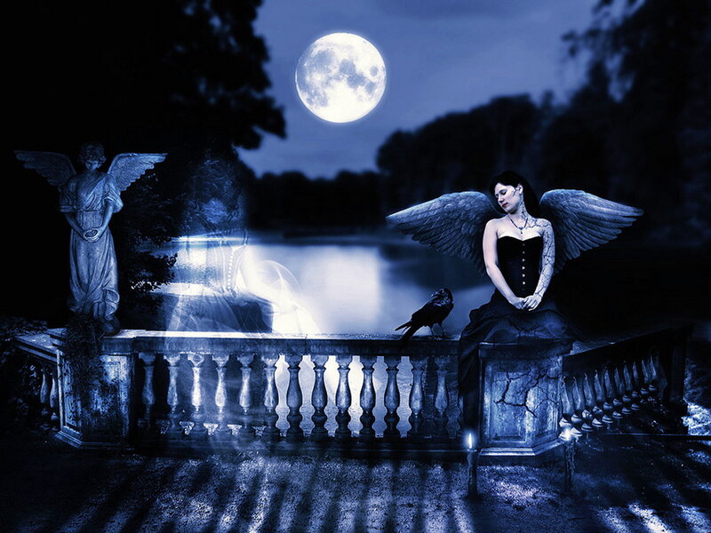 Woman with Angel Wings — Blue, Dramatic, Night, Digital Art, Angel Statue