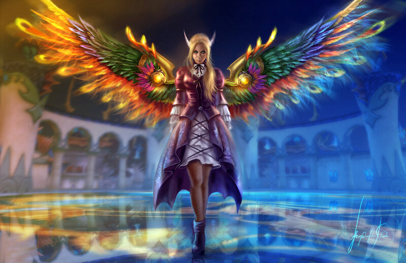 Woman with Angel Wings — Blue, Dramatic, Night, Digital Art, Castle, Reflection