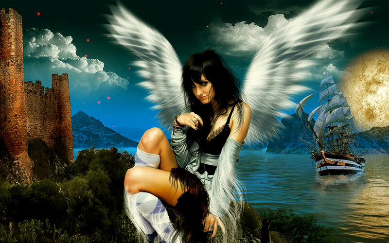 Woman with Angel Wings — Blue, Dramatic, Night, Digital Art, Castle