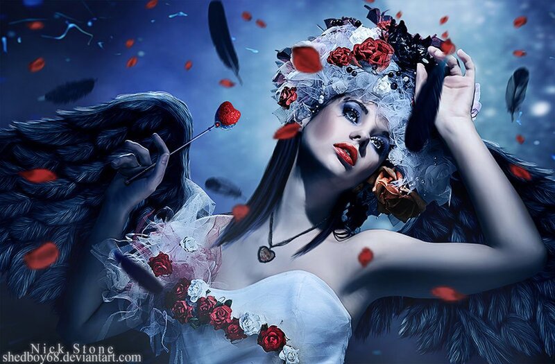Woman with Angel Wings — Blue, Dramatic, Night, Digital Art, Feathers, Flowers