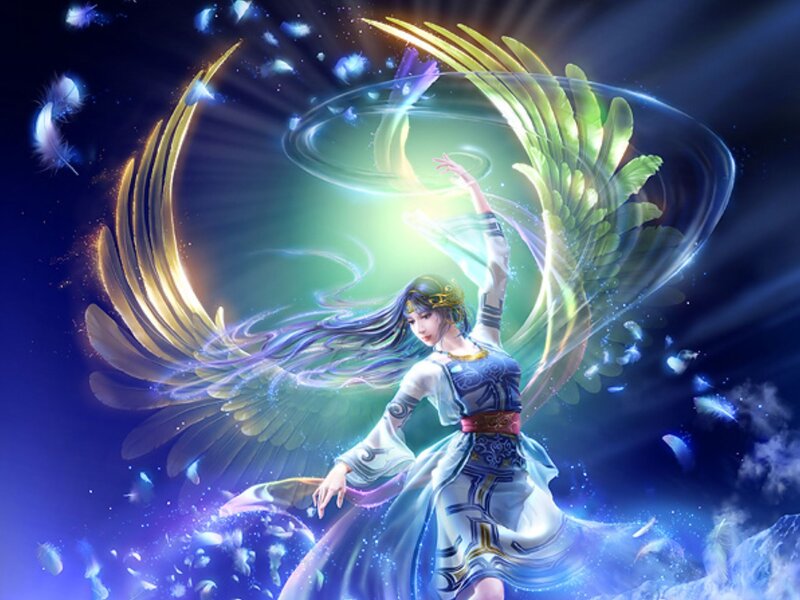 Woman with Angel Wings — Blue, Dramatic, Night, Digital Art, Feathers, Light, Green