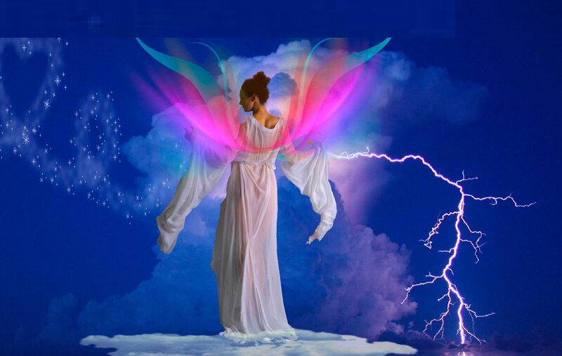 Woman with Angel Wings — Blue, Dramatic, Night, Digital Art, Lightning, Clouds