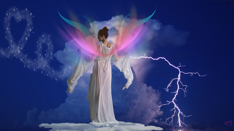 Woman with Angel Wings — Blue, Dramatic, Night, Digital Art, Lightning