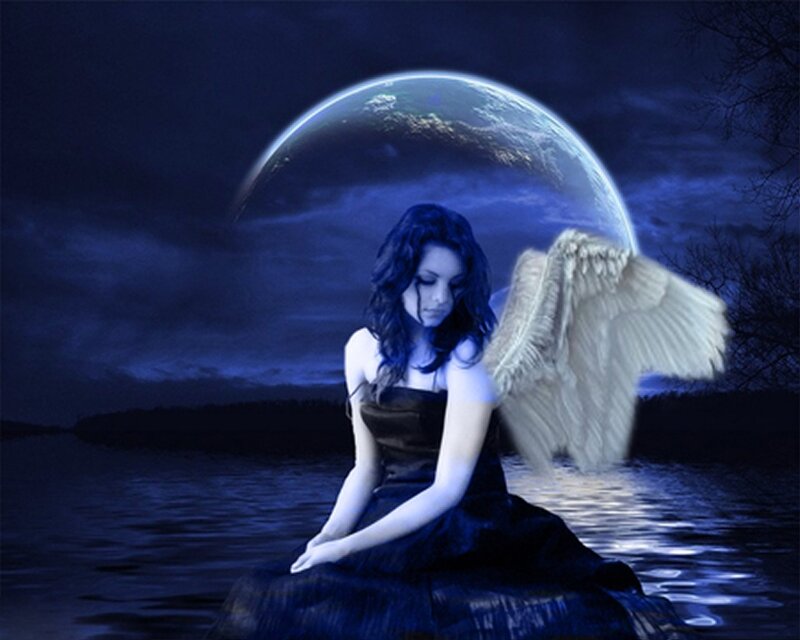 Woman with Angel Wings — Blue, Dramatic, Night, Digital Art, Moon, Water