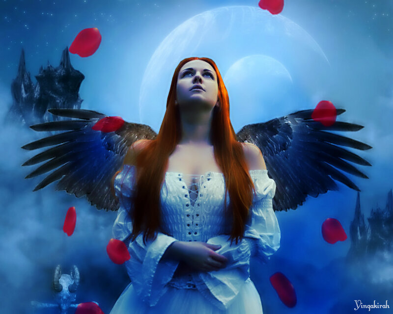 Woman with Angel Wings — Blue, Dramatic, Night, Digital Art, Rose Petals