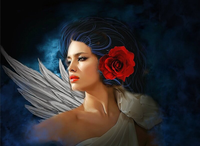 Woman with Angel Wings — Blue, Dramatic, Night, Digital Art, Rose