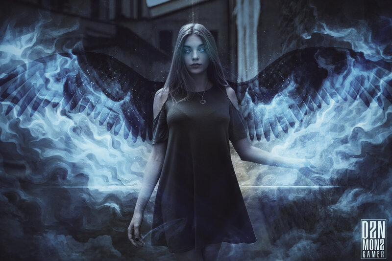 Woman with Angel Wings — Blue, Dramatic, Night, Digital Art, Smoke