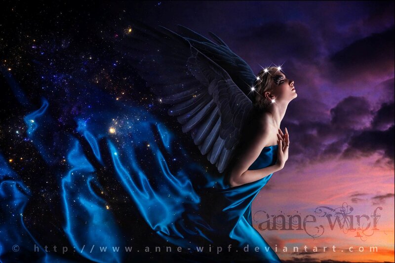 Woman with Angel Wings — Blue, Dramatic, Night, Digital Art, Stars