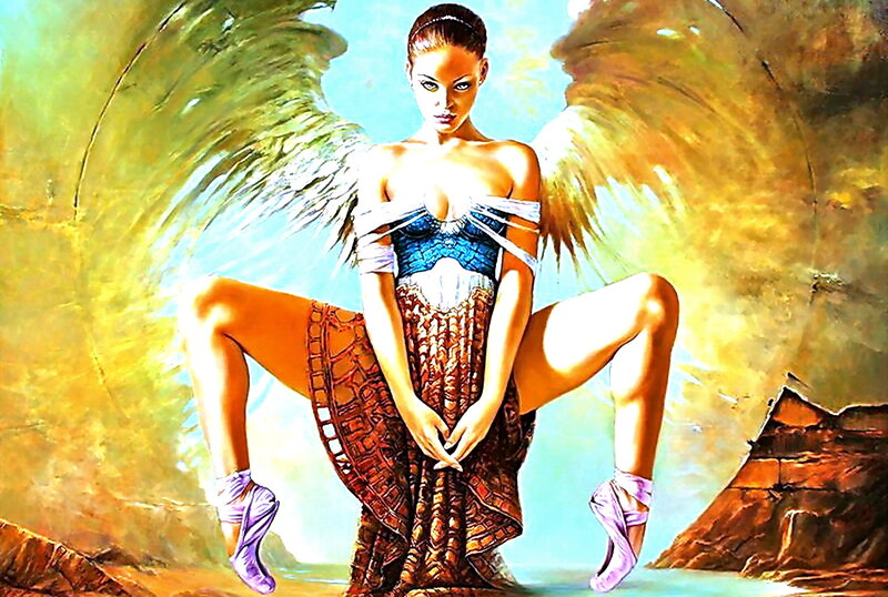 Woman with Angel Wings — Blue, Dramatic, Painting
