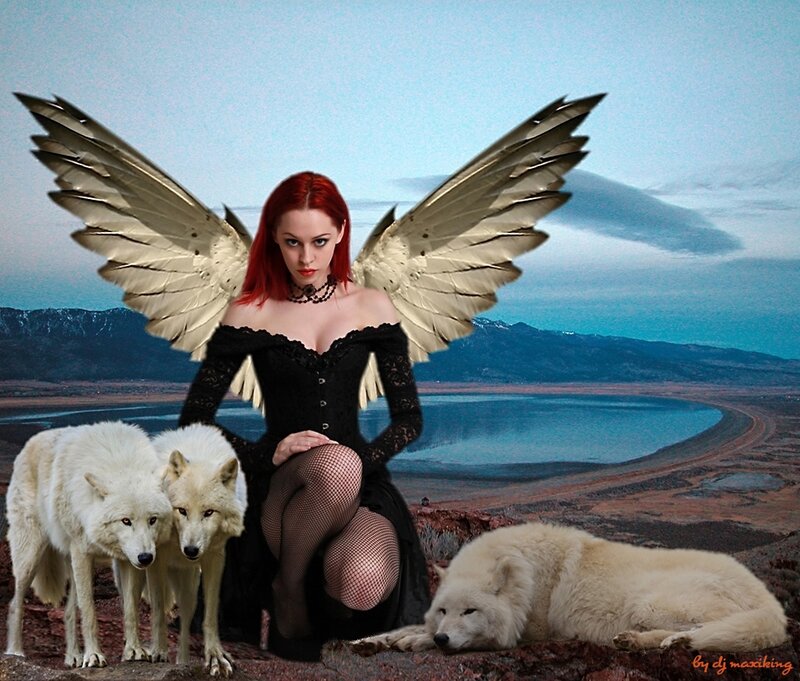 Woman with Angel Wings — Blue, Dramatic, Sunset