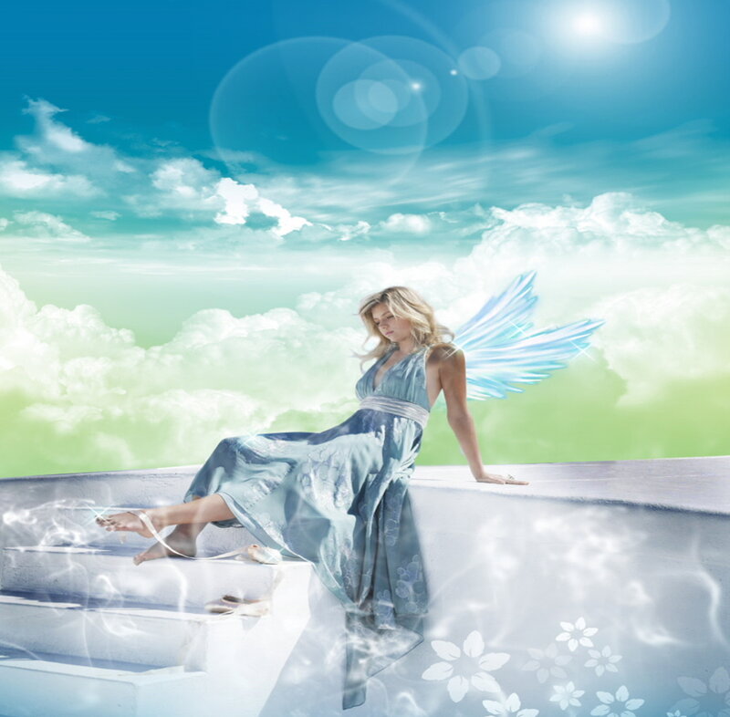 Woman with Angel Wings — Blue, Serene, Afternoon, Digital Art
