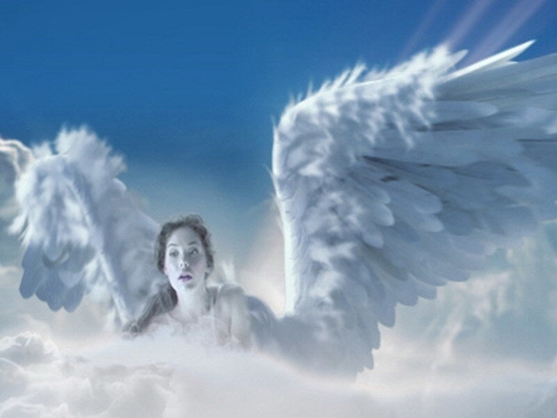 Woman with Angel Wings — Blue, Serene, Digital Art, Clouds, Sky